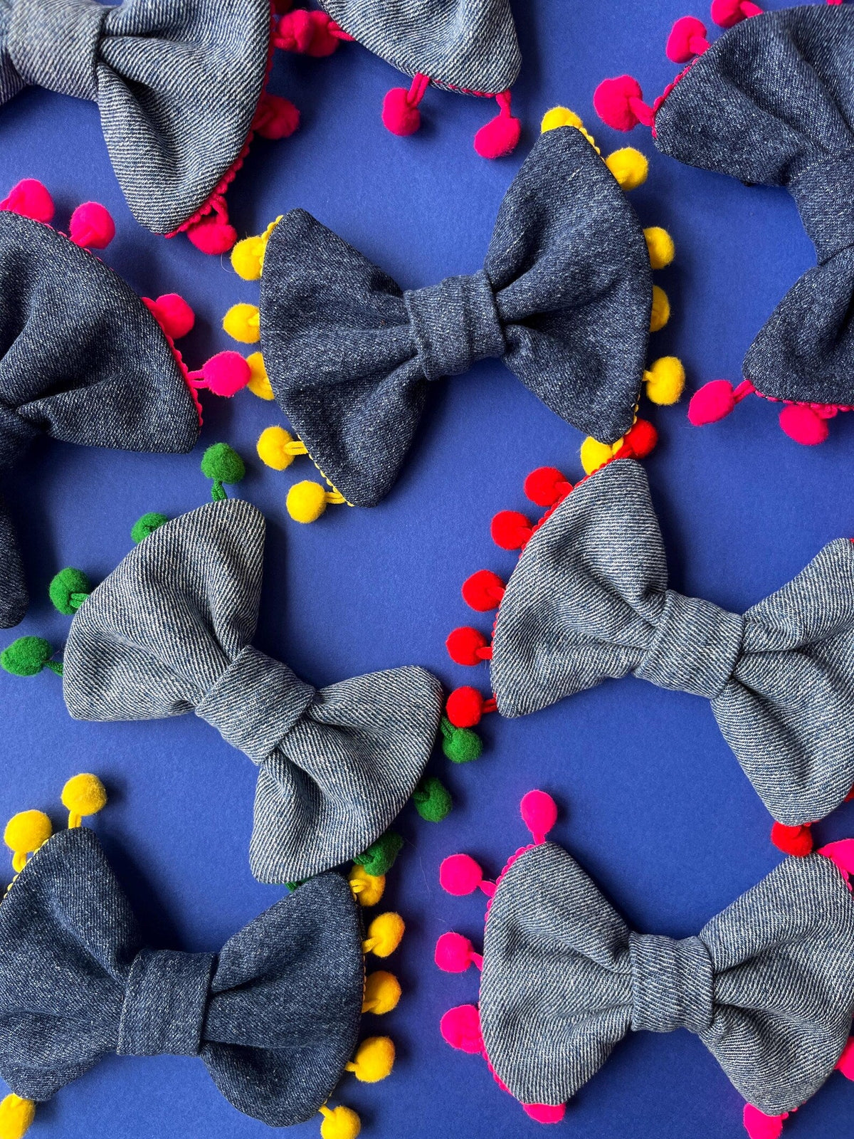 Upcycled Denim Dog Bow Tie- Handmade with Pom Pom Trim