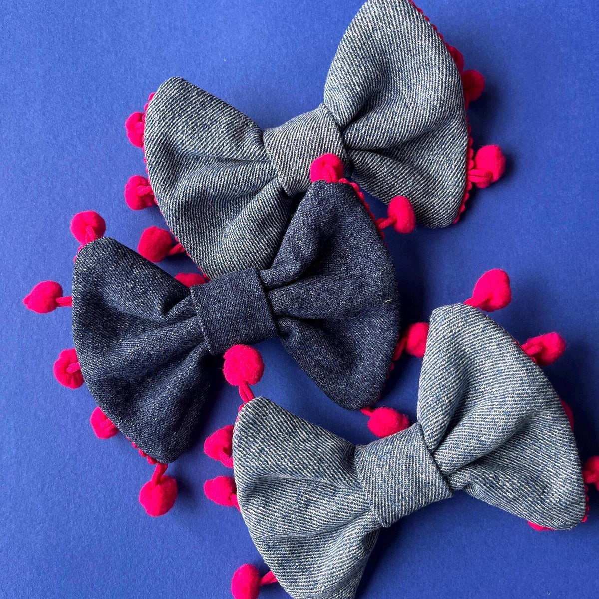 Upcycled Denim Dog Bow Tie- Handmade with Pom Pom Trim