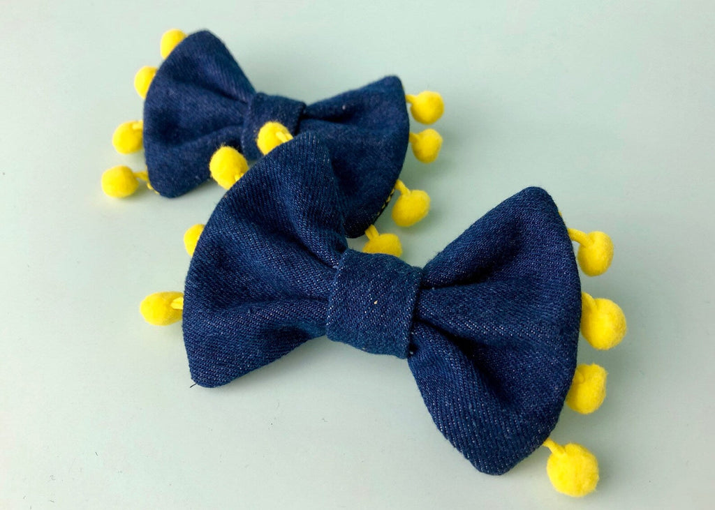 Upcycled Denim Dog Bow Tie- Handmade with Pom Pom Trim