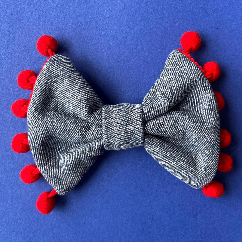 Upcycled Denim Dog Bow Tie- Handmade with Pom Pom Trim