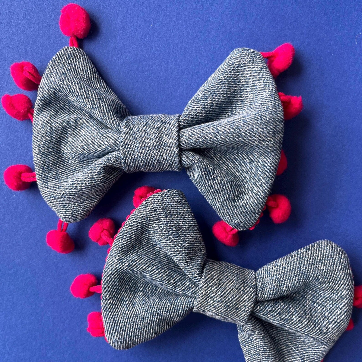 Upcycled Denim Dog Bow Tie- Handmade with Pom Pom Trim
