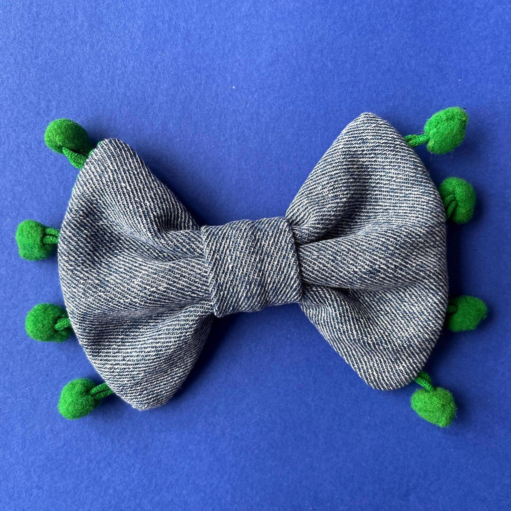 Upcycled Denim Dog Bow Tie- Handmade with Pom Pom Trim