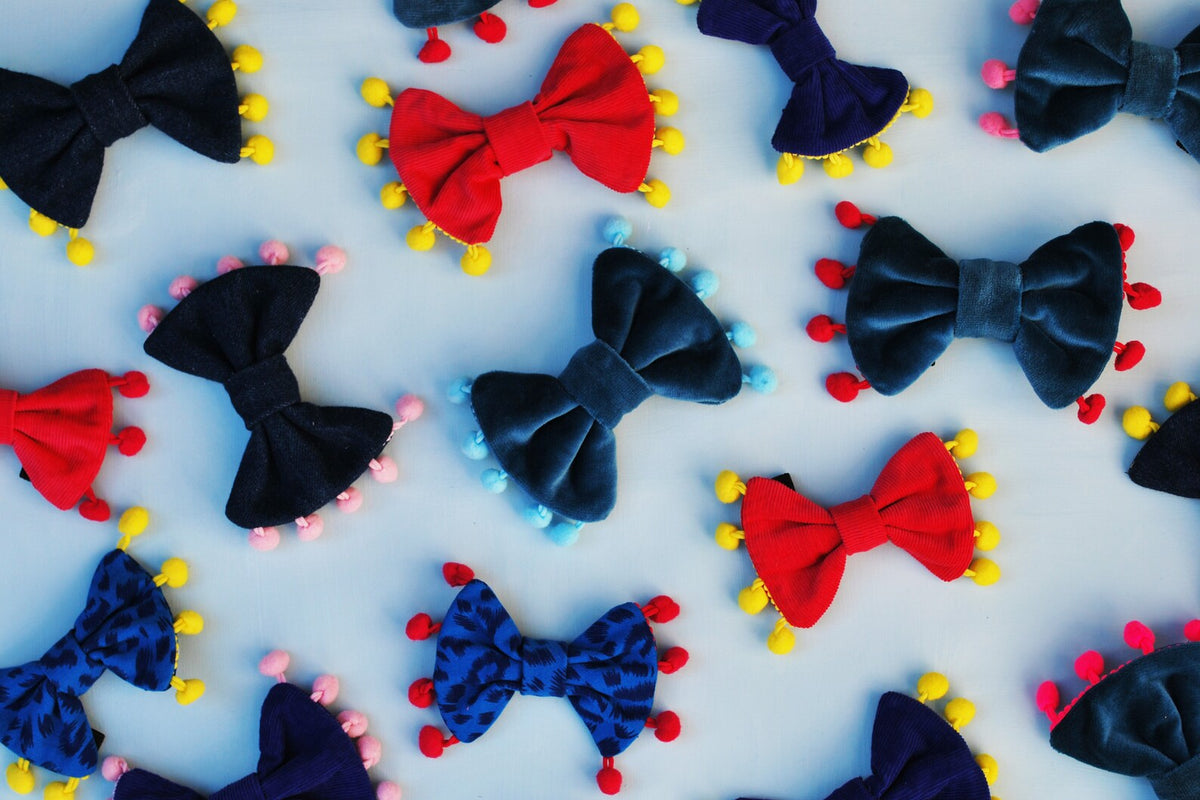 Upcycled Denim Dog Bow Tie- Handmade with Pom Pom Trim